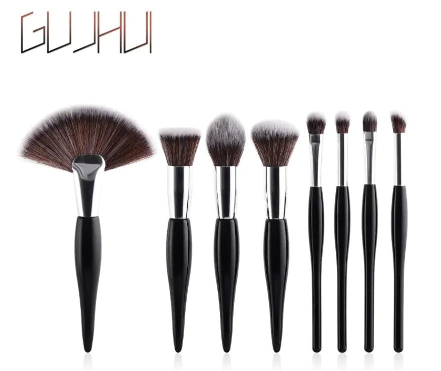 8 - Piece Makeup Brush Set with Black Handle and Silver Tubes - LVbeuty