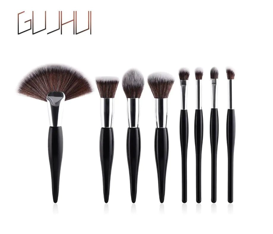 8 - Piece Makeup Brush Set with Black Handle and Silver Tubes - LVbeuty